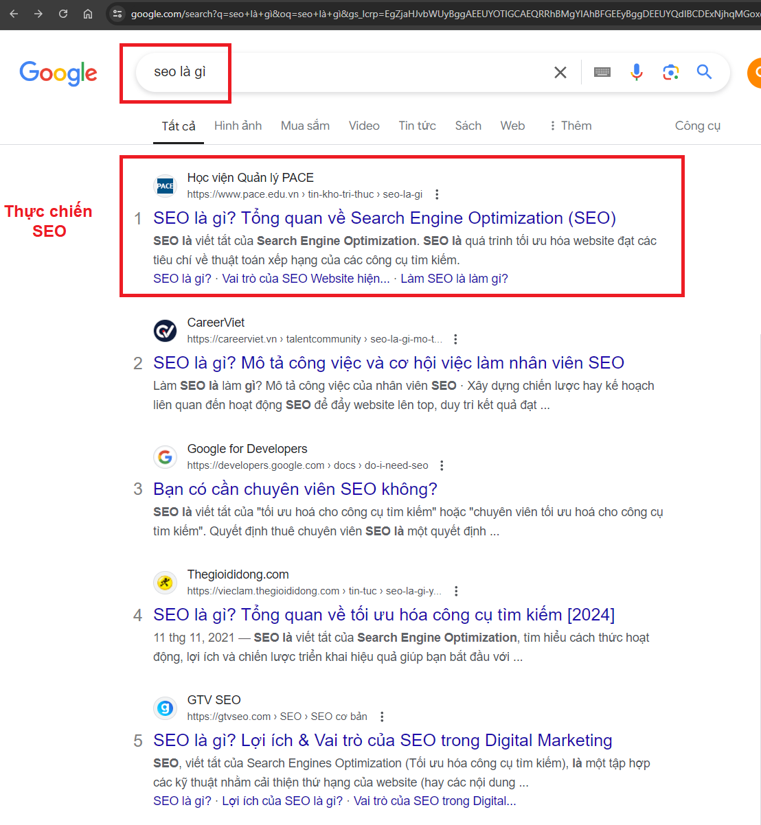 Kết quả top 1 từ khóa: SEO là gì